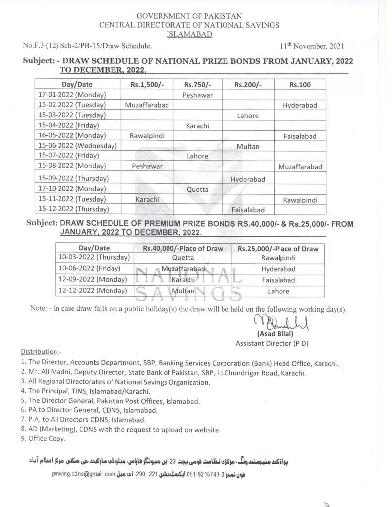 Prize Bond Schedule 2022 